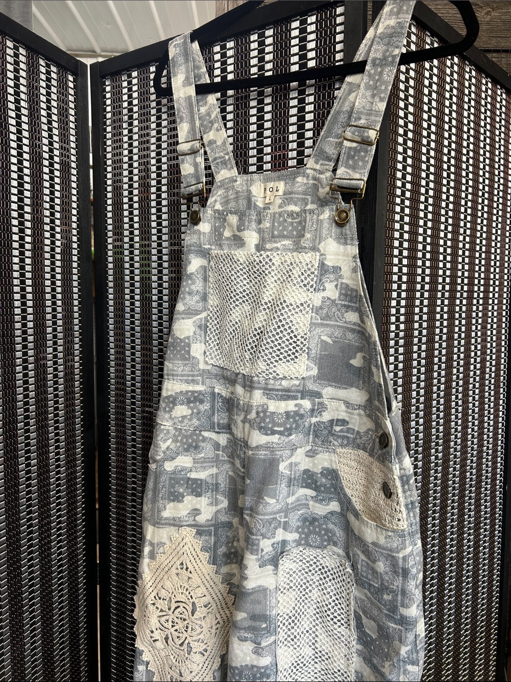 POL Gray and Cream Patchwork Overalls Dress
